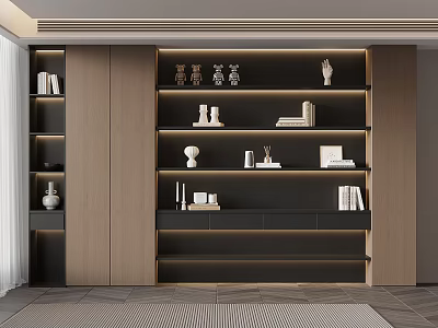 Modern Wooden Black Built in Bookshelf Design With Decorative Items Books And Lighting 3d model