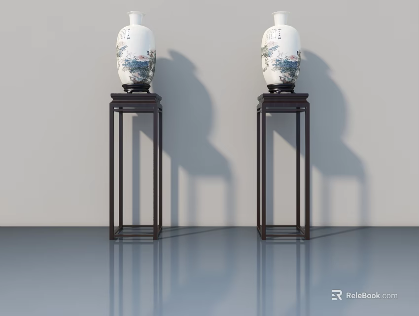 Elegant White Landscape Carved Sculpture Vases On Dark Wooden Stands 3d model 