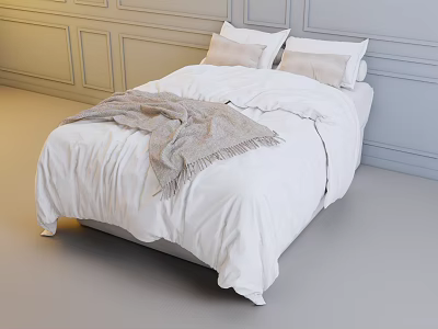 Double Bed with White Bedding Gray Blanket and Light Pillows in Bedroom with Gray Walls 3d model
