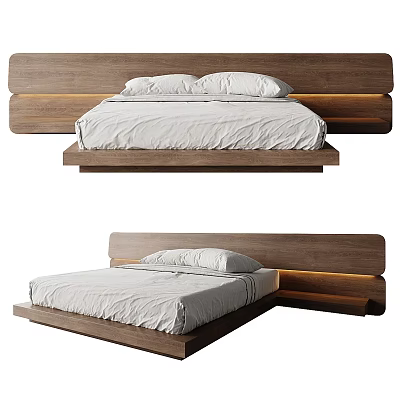 Modern Double Bed With Wooden Headboard And Floating Design White Mattress 3d model