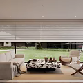 Cozy Living Dining Room Interior With Marble Fireplace Built in Bookshelves And Ceiling Fan