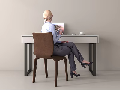 Modern Home Office Desk Setup With Woman Working on Laptop White Cup and Documents 3d model