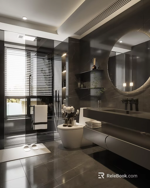 Modern Black Bathroom Interior With Large Mirror Recessed Lights And Floating Vanity 3d model 