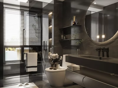 Modern Black Bathroom Interior With Large Mirror Recessed Lights And Floating Vanity 3d model