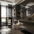 Modern Black Bathroom Interior With Large Mirror Recessed Lights And Floating Vanity