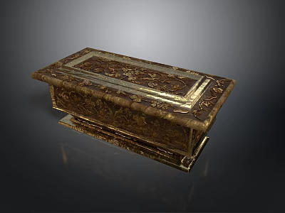 Ornate Dark Brown Decorative Box With Intricate Carved Patterns And Gold Accents 3d model