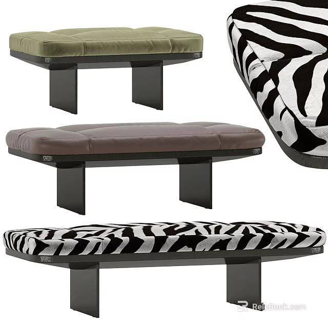 Modern Stylish Sofa Stools With Zebra Pattern Brown Green Upholstery And Black Legs 3d model 