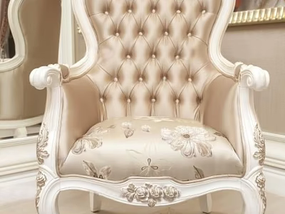 Elegant Classic Armchair with Carved Wooden Frame Tufted Back and Floral Pattern Fabric 3d model
