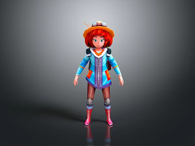 Colorful Character Clothing Set With Red Hair Hat Blue Coat Purple Pants And Pink Boots 3d model