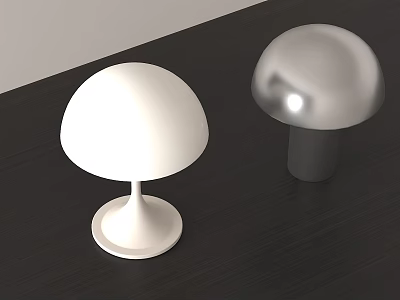 White And Silver Mushroom Shaped Table Lamps On Dark Wooden Surface 3d model