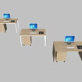 Modern Office Desks Light Wood Finish With Drawer Cabinets and Computer Monitors Setup