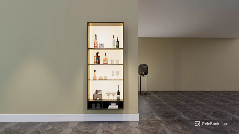 Modern Wine Cabinet With Glass Doors Shelves Lighting And Wine Bottles In Modern Interior 3d model 