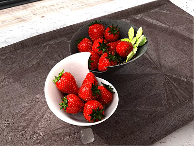 Fresh Ripe Strawberries In White And Dark Bowls With Green Mint Leaves On Dark Tablecloth 3d model