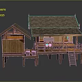 Traditional Wooden Stilt House With Thatched Roof Outdoor Platform And Railings