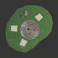 Outdoor Furniture Set With Round Table Four Chairs And Watering Can On Green Lawn