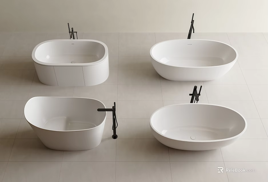 Four White Bathtubs With Different Shapes On Light Colored Tile Floor And Black Faucets 3d model 