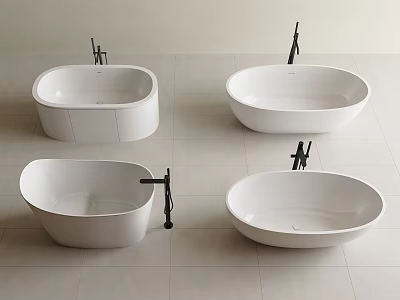 Four White Bathtubs With Different Shapes On Light Colored Tile Floor And Black Faucets 3d model