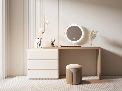 Modern Minimalist Dressing Table With Round Mirror Stool And Cosmetics In Soft Lighting 3d model