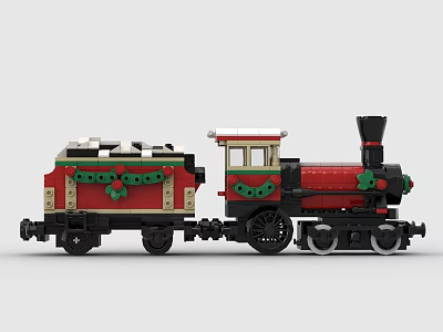 Festive Building Block Christmas Train With Red Green Decorations And Steam Locomotive 3d model