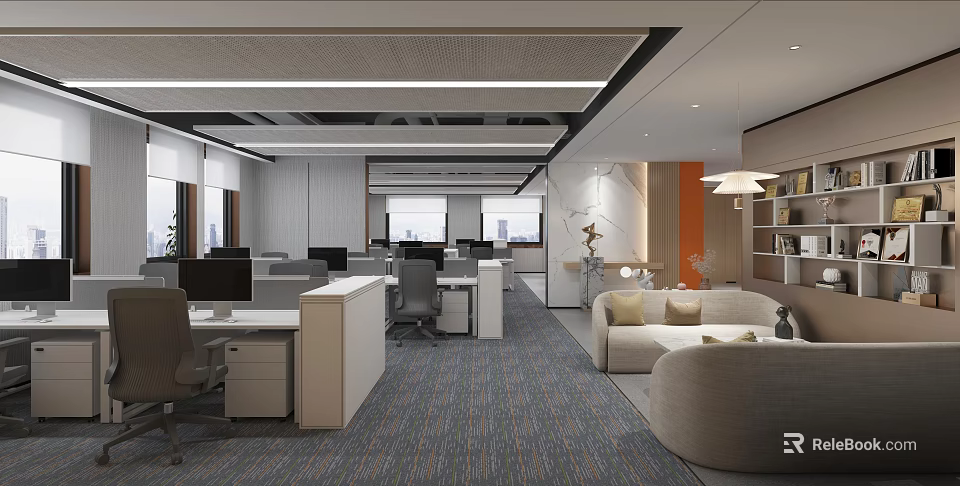 Modern Public Office Space Interior Design With Desks Chairs Sofa And Bookshelves 3d model 