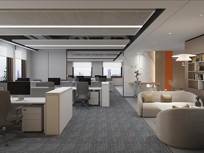 Modern Public Office Space Interior Design With Desks Chairs Sofa And Bookshelves 3d model