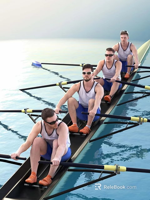Group of Men Rowing Together on Water in White Tank Tops and Blue Shorts 3d model 