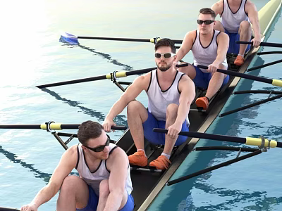 Group of Men Rowing Together on Water in White Tank Tops and Blue Shorts 3d model