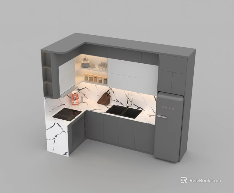 Modern Gray Kitchen Cabinets With Sleek Marble Countertop Design Layout 3d model
