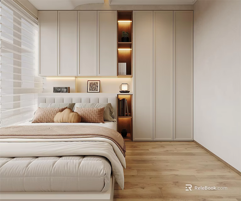 Cozy Modern Tatami Bedroom Interior With Platform Bed Built in Wardrobes And Warm Lighting 3d model 