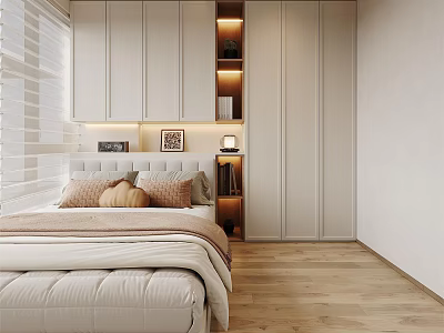 Cozy Modern Tatami Bedroom Interior With Platform Bed Built in Wardrobes And Warm Lighting 3d model