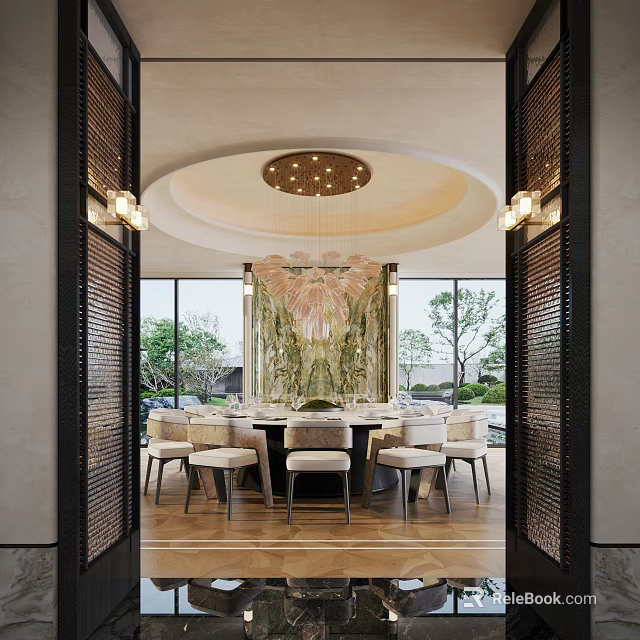 Luxury Private Dining Box Interior With Round Table Chandelier And Garden View 3d model 