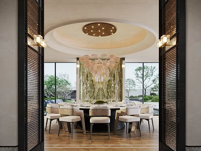 Luxury Private Dining Box Interior With Round Table Chandelier And Garden View 3d model
