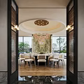 Luxury Private Dining Box Interior With Round Table Chandelier And Garden View