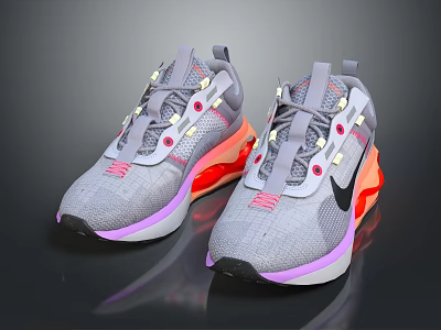 Gray Mesh Sports Sneakers With Air Cushion Orange Purple Soles And Black Logo 3d model