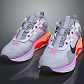 Gray Mesh Sports Sneakers With Air Cushion Orange Purple Soles And Black Logo