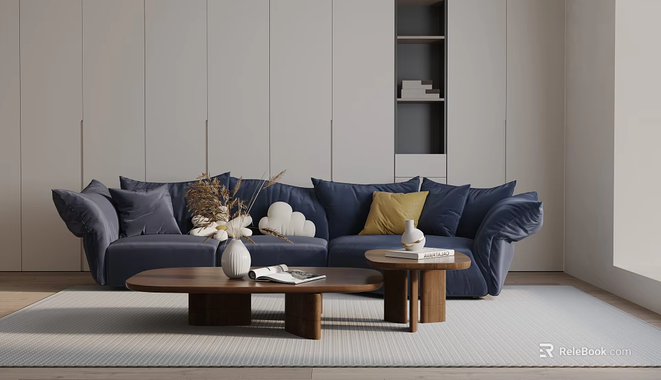 Blue Three Seater Sofa With Yellow Cushions Wooden Coffee Tables Vases Books And Light Colored Walls 3d model 