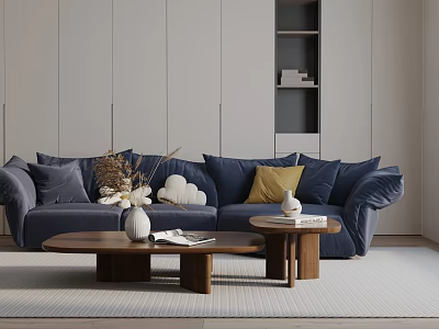 Blue Three Seater Sofa With Yellow Cushions Wooden Coffee Tables Vases Books And Light Colored Walls 3d model