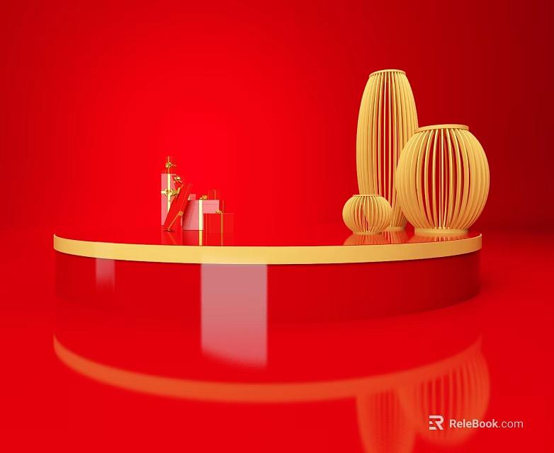 Red Background Golden Circular Display Stand With Lantern Shaped Decorations And Red Gift Boxes 3d model