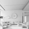 Stylish Lounge Area Featuring Comfortable Sofa Coffee Tables Floor Lamp Circular Wall Art And Plants