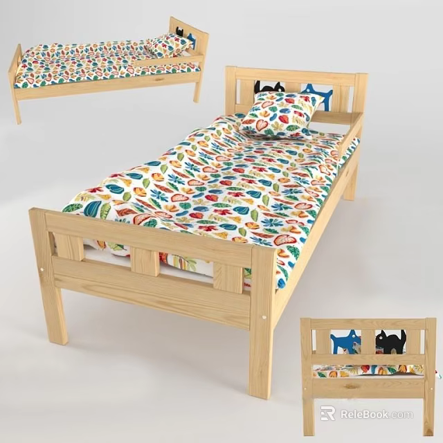 Children's Wooden Bed With Colorful Cartoon Print Mattress And Safety Guardrails 3d model 