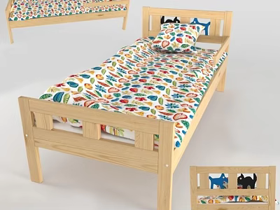 Children's Wooden Bed With Colorful Cartoon Print Mattress And Safety Guardrails 3d model