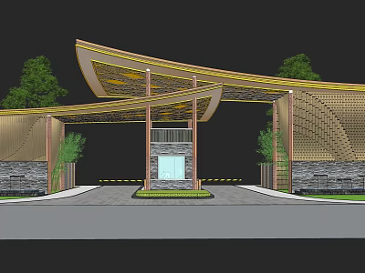 Modern Entrance Gate With Curved Golden Metal Roof Stone Walls And Green Plants 3d model