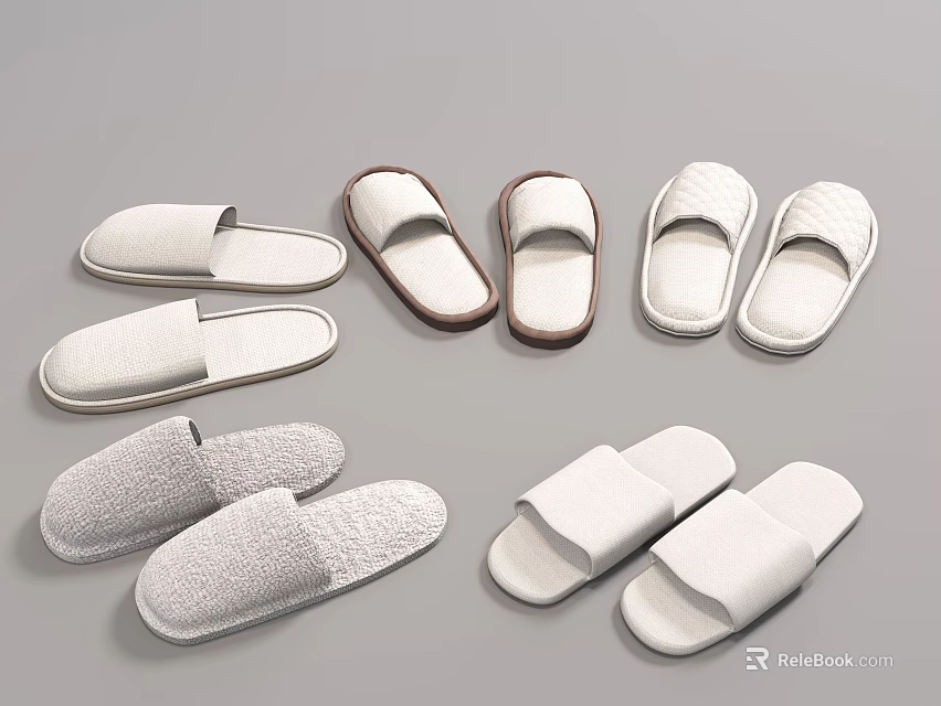 Comfortable Indoor Slippers In Various Styles White Brown Gray Cotton Plush Materials For Home Use 3d model 