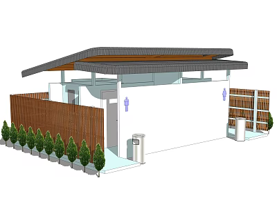 Outdoor Public Restroom Facility With Modern Design Bamboo Fence Green Plants And Trash Bins 3d model