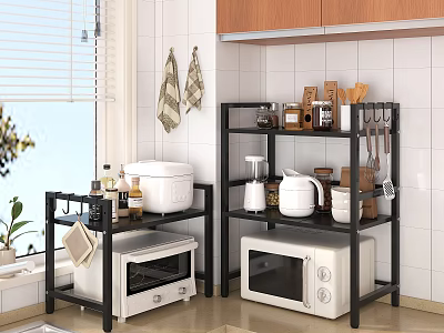 Black Kitchen Storage Shelves With Microwave Cookware Spice Jars And Utensils Organizer 3d model