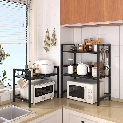 Black Kitchen Storage Shelves With Microwave Cookware Spice Jars And Utensils Organizer 3d model