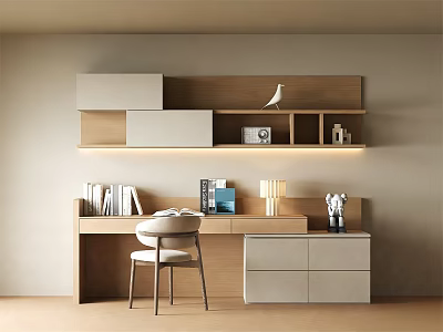 Modern Wall Mounted Bookshelf With Desk Storage Books And Decorative Items 3d model