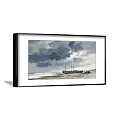 Seaside Landscape Painting with Dark Clouds Overcast Sky and Moored Boat on Sandy Beach