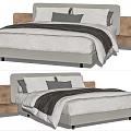 Modern Double Bed with Upholstered Headboard Matching Nightstand and White Gray Bedding
