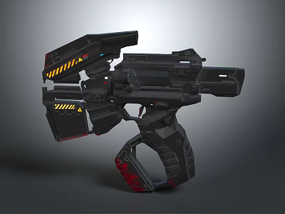 Futuristic Sci Fi Weapon With Black Red Yellow Mechanical Structure And Warning Stripes 3d model
